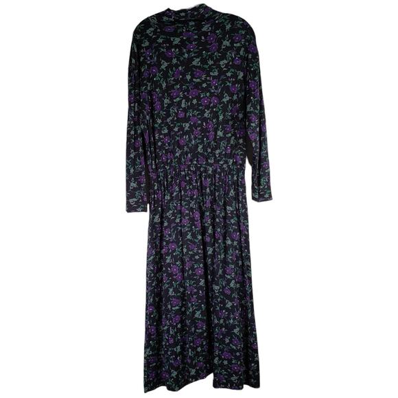 LL Bean Maxi Dress Modest Womens Size Large Floral Black Cotton Farmhouse - Picture 3 of 9